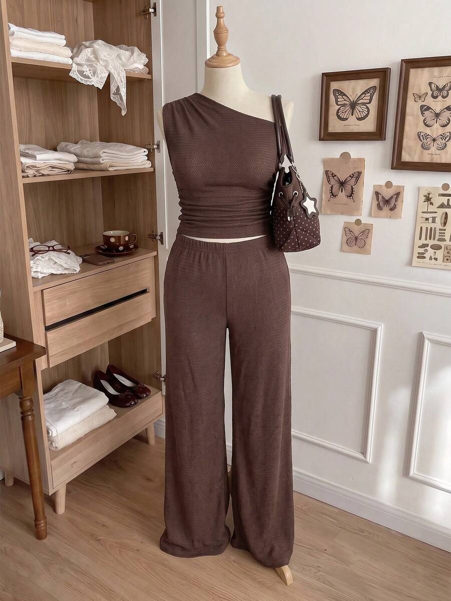 Comfortcana Plus Size Women Solid Color Asymmetrical Shoulder Ruched Top And Pants 2 Pieces Set - Brown - View 1