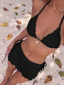 Swim Mod 3-Piece Bikini Set, Spring/Summer Vacation, Solid Color Floral Textured Fabric, Pearlescent Seashell Decor, Ruffle Trim Halter Triangle Top, Side Tie Bikini Bottoms, Double Ruffle Mini Skirt, Sexy Bikini Set - Black - View 8