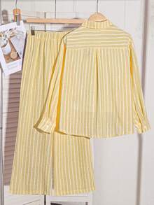 SHEIN 青少年女孩長袖抓絨冬季3件套 條紋襯衫寬腿褲 休閒寬鬆極簡風 六年級正式白色 郵輪度假派對 - 黃色 - 查看 2