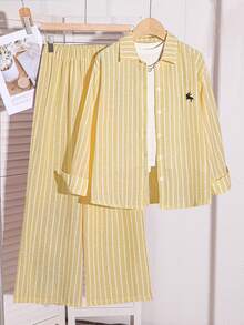 SHEIN 青少年女孩長袖抓絨冬季3件套 條紋襯衫寬腿褲 休閒寬鬆極簡風 六年級正式白色 郵輪度假派對 - 黃色 - 查看 3