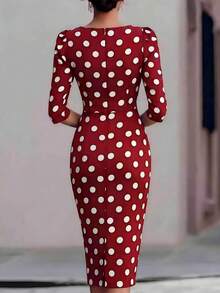 SHEIN LUNE Women's Elegant Casual Black And White Polka Dot Midi-Length Fitted Dress - Red and White - View 2