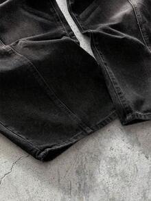 EVRINFINITE 1pc American Street Fashion Curved Knife Design 3D Whiskers Washed Loose Fit Patchwork Wide Leg Men's Jeans - Black - View 4