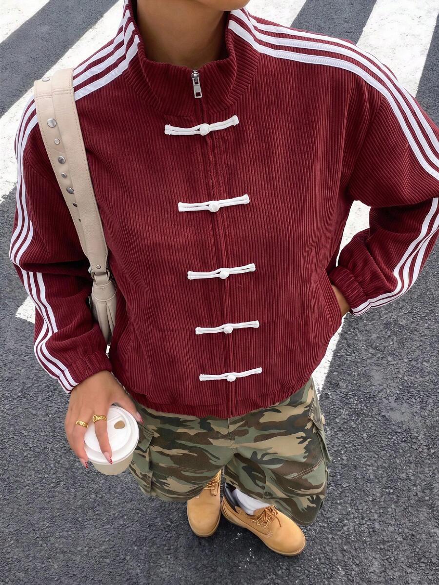 SWAVVY Men's Casual Striped Long Sleeve Frog Button Design Jacket - Red - View 1