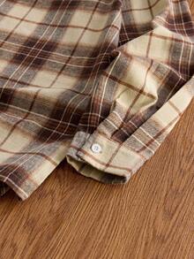 SWAVVY 1pc Super Oversized Cotton Plaid Print Drop Shoulder Shirt - Brown - View 6