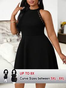 SHEIN CURVE+ 大码百搭拼接蕾丝边针织连衣裙 - 黑色 - 查看 1