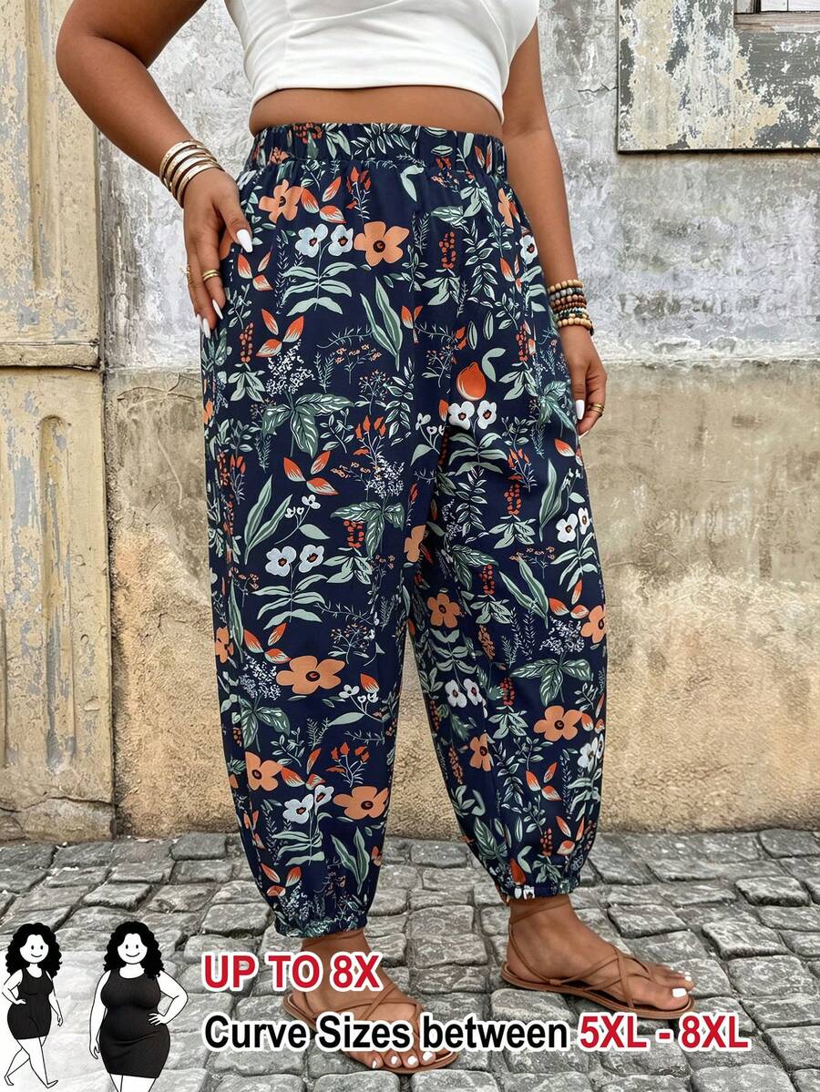 SHEIN CURVE+ 大码女式印花阔腿裤,适合海滩度假 - 彩色 - 查看 1