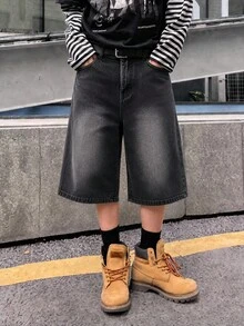 Manfinity EMRG 男士休閒街頭風水洗寬腿牛仔短褲 寬腿牛仔短褲 寬鬆牛仔短褲 灰色 夏季 約會晚餐穿搭 - 深灰色 - 查看 5
