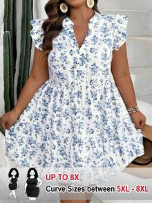 SHEIN CURVE+ Plus Size Women Ditsy Floral Ruffle Hem Vacation Dress - Blue - View 1