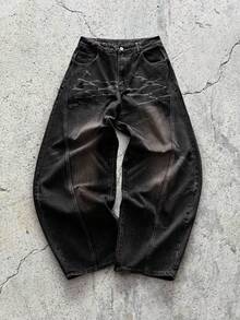 EVRINFINITE 1pc American Street Fashion Curved Knife Design 3D Whiskers Washed Loose Fit Patchwork Wide Leg Men's Jeans - Black - View 1