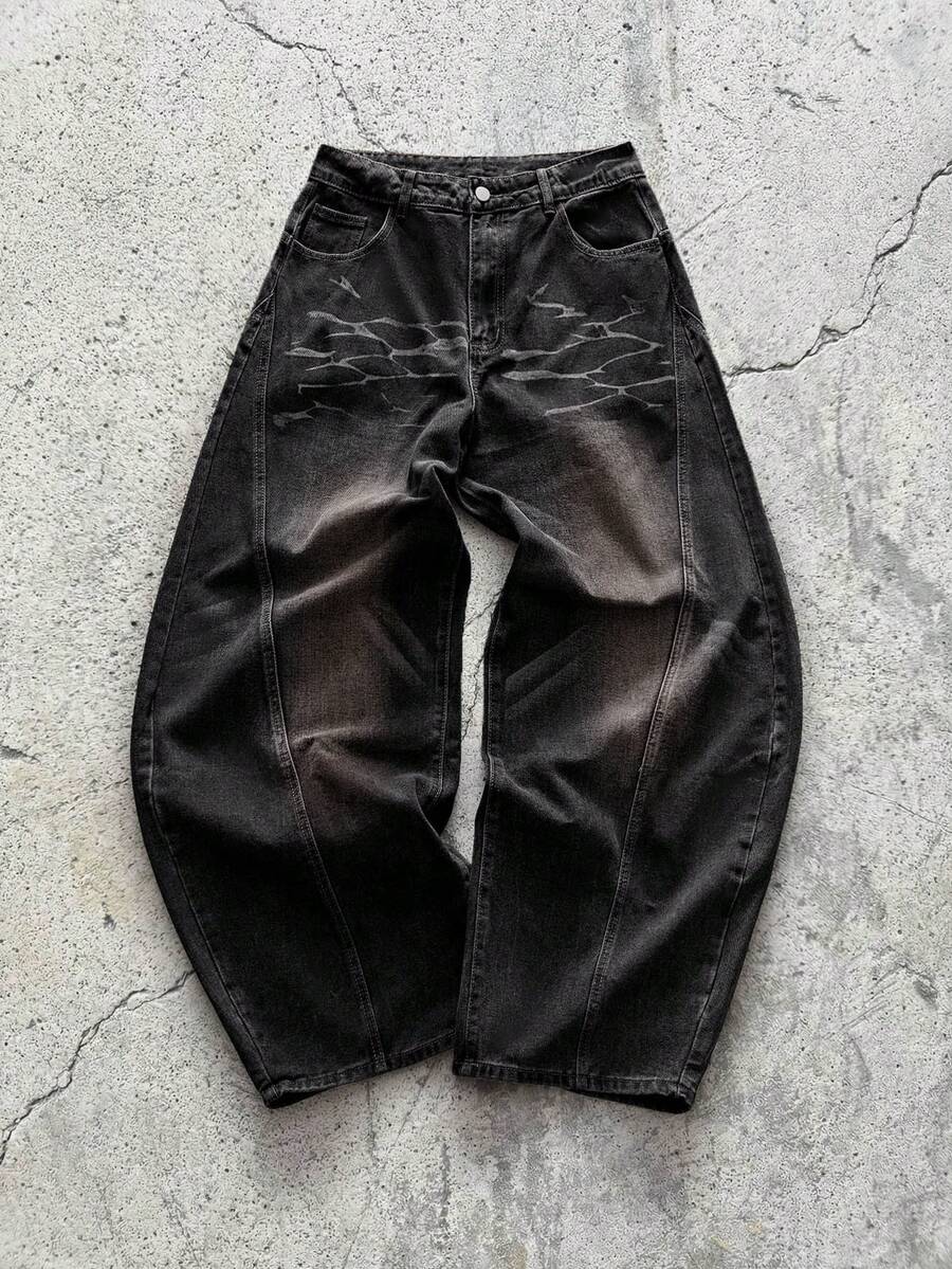 EVRINFINITE 1pc American Street Fashion Curved Knife Design 3D Whiskers Washed Loose Fit Patchwork Wide Leg Men's Jeans - Black - View 1