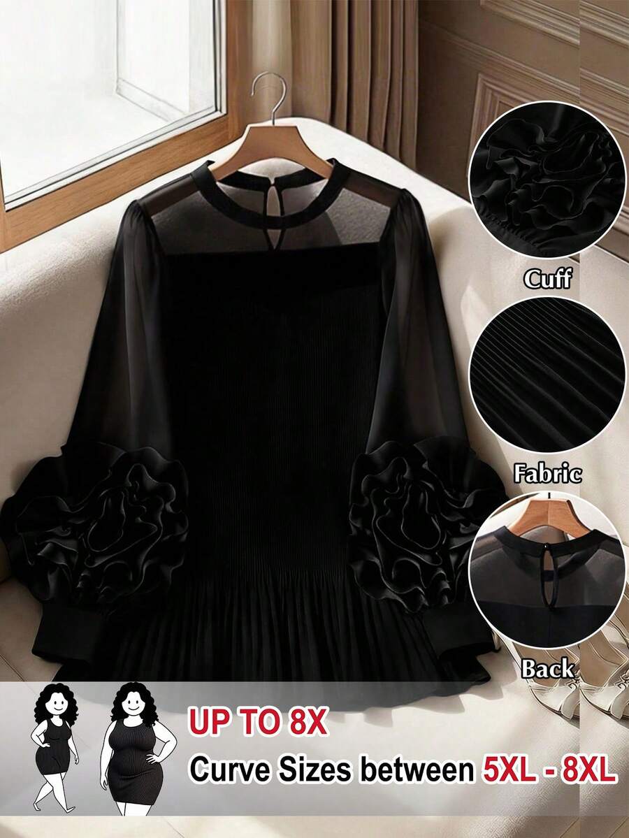 SHEIN CURVE+ Plus Size Women Elegant Versatile 3D Flower Pleated Blouse - Black - View 1