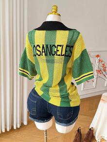 Comfortcana Plus Size Women Letter Pattern Colorblock Casual Daily Knit Top Fall - Multicolor - View 5