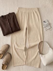 Comfortcana Plus Size Casual Versatile Solid Color Textured Long Pants - Cream - View 5