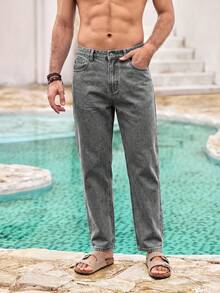 Mercer Haus Men's Casual Loose Straight Leg Jeans With Pockets - Light Grey - View 4