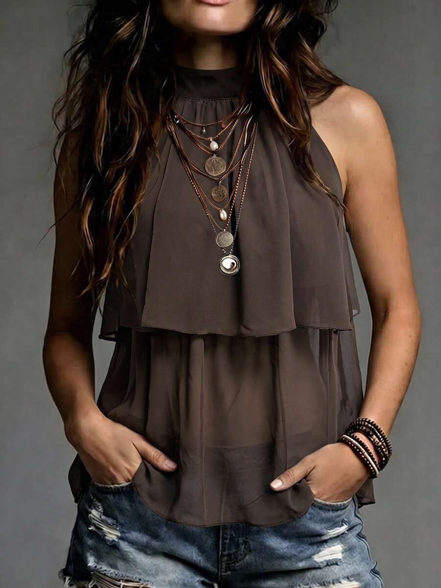 Trelyra French Elegant Brown Chiffon Double Layer Ruffle Sleeveless Blouse With Back Tie Strap And Halter Neck, Versatile For Date And Vacation - Brown - View 1