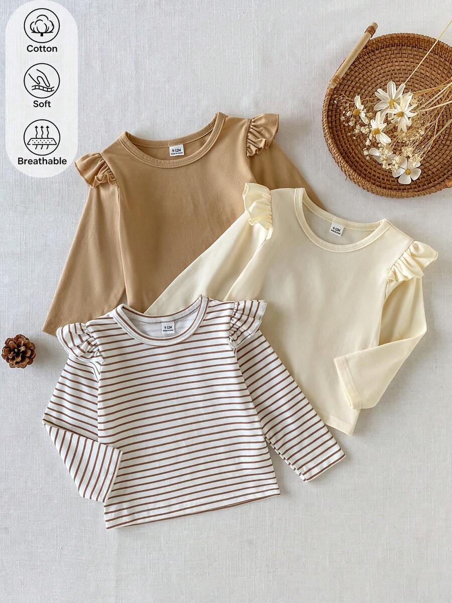 SHEIN 3pcs/Set Baby Girl Spring/Autumn Long Sleeve Ruffle Trim Tops, Cute Simple Casual Versatile Style, Suitable For Indoor, Outdoor, Shopping And Other Occasions