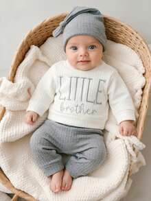 SHEIN 3pcs Baby Boy Little Brother Cute Casual Letter Graphic Ribbed Long Sleeve Top Soft Thick 2 Pieces Sets Outfit Sweat Pants Fall Clothes Autumn Winter - Multicolor - View 5