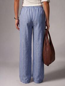 Avenya Low Waist Denim Effect Striped Straight Leg Wide Leg Long Pants For Women, Casual Daily Commute - Blue - View 5