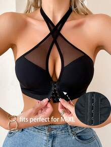 SHEIN Sujetador de cuello halter de unicolor con corte delantero y empalme de malla para mujer - Negro - Ver 7