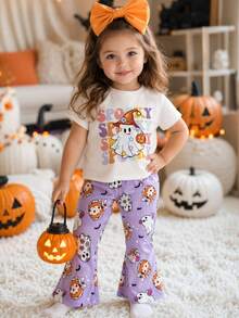 SHEIN Playful Pals 2件組女嬰休閒可愛日系萬聖節幽靈臉南瓜圖案短袖圓領T恤與鬆緊腰喇叭長褲套裝 - 紫色 - 查看 14