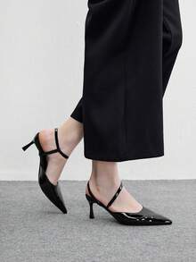 CUCCOO BIZCHIC 女款雙帶式交叉漆皮後扣涼鞋，尖頭細高跟鞋，極簡黑色亮面通勤高跟鞋 - 極夜黑 - 查看 4