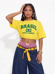Gowayae Gowayae Women's American Vintage Brazil Letter Print Yellow Ruched Waist Short Sleeve T-Shirt - Yellow - View 4