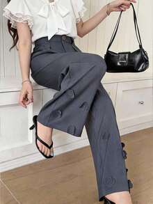 Modelyn Women's Solid Color 3D Floral Decor Wide Leg Pants - Dark Grey - View 2