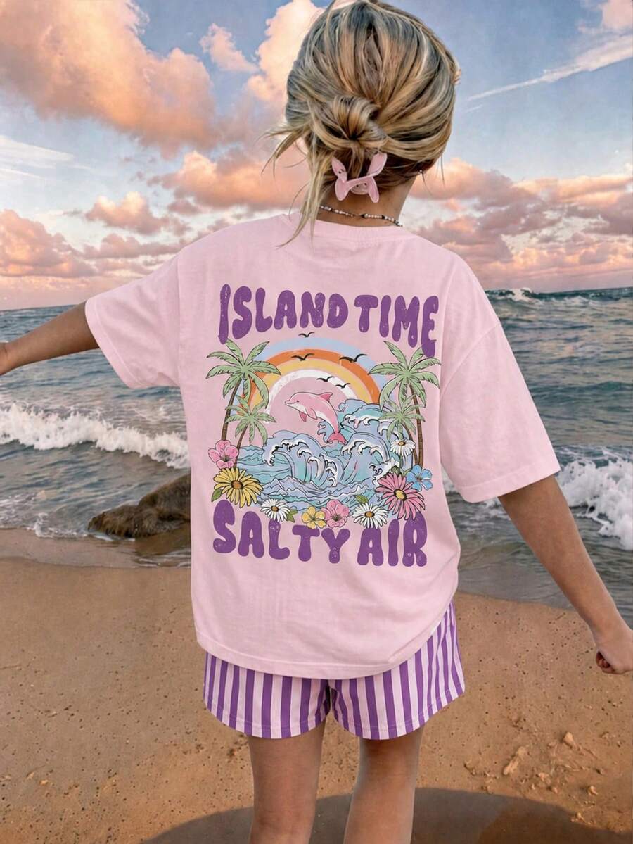Tween Girl Casual Minimalist Short Sleeve T-Shirt & Shorts 2 Pieces Set, Suitable For Summer - Multicolor - View 1