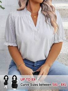 SHEIN CURVE+ 大码女式休闲V领短袖条纹衬衫，春夏款 - 彩色 - 查看 1