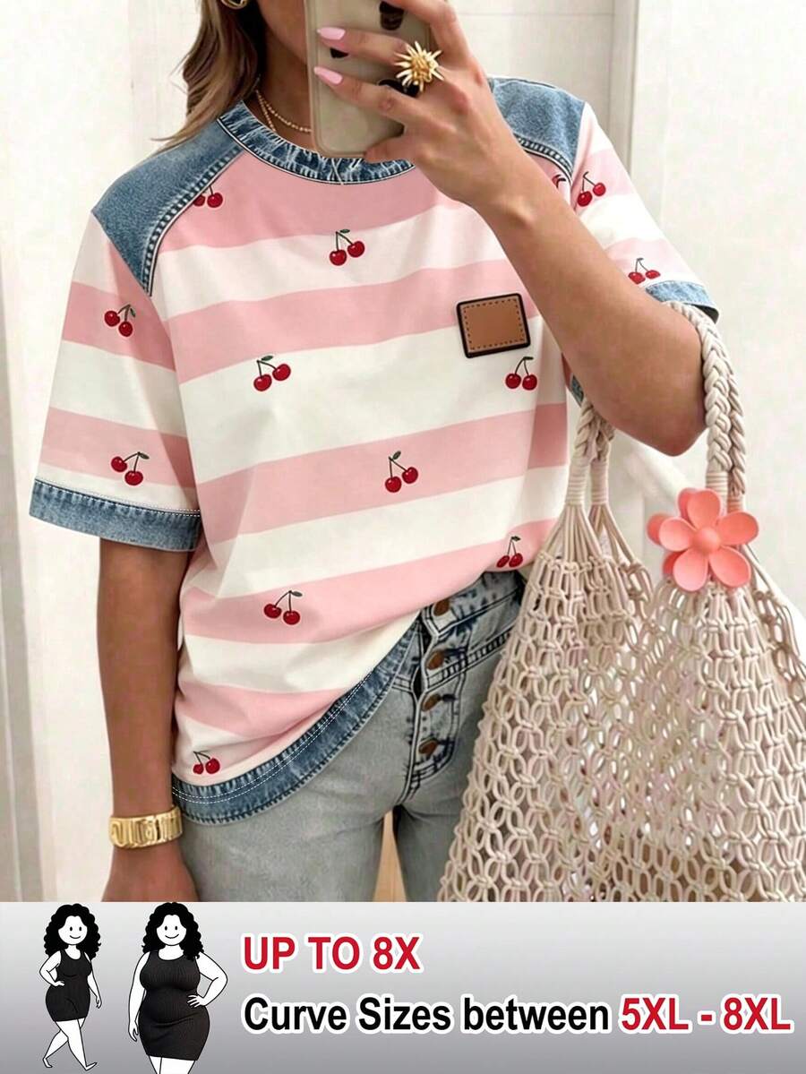 SHEIN CURVE+ 女款條紋拼接圓領短袖休閒百搭T恤 - 彩色 - 查看 1