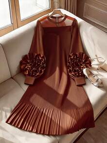 GlowEve CURVE Plus Size Solid Color Round Neck Elegant 3D Floral Pleated Long Sleeve Dress Fall - Brown - View 5