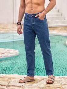 Mercer Haus Jeans rectos casuales de unicolor para hombres - Azul lavado oscuro - Ver 6
