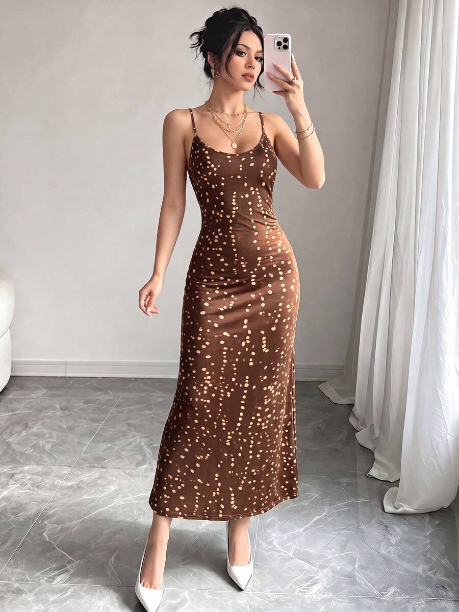 Modelyn 女款波點印花修身時尚細肩帶洋裝 - 彩色 - 查看 1