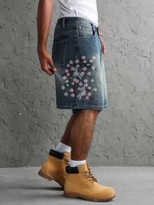 Manfinity EMRG 男士街頭風休閒刺繡藍色牛仔短褲 - 中等水洗藍 - 查看 8