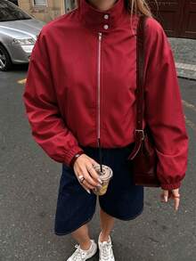 Avenya Hoodie Windbreaker Minimalis Kasual Kerah Tegak Resleting Logam Warna Polos Merah Tua untuk Kerja Sehari-hari Musim Gugur/Dingin - Burgundy - View 5
