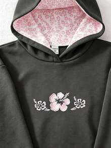 青少年女孩休閒時尚可愛粉色花卉刺繡套頭運動衫 - 灰色 - 查看 1