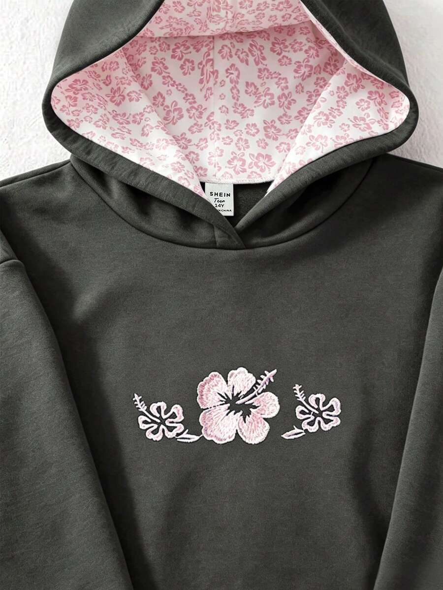 青少年女孩休閒時尚可愛粉色花卉刺繡套頭運動衫 - 灰色 - 查看 1