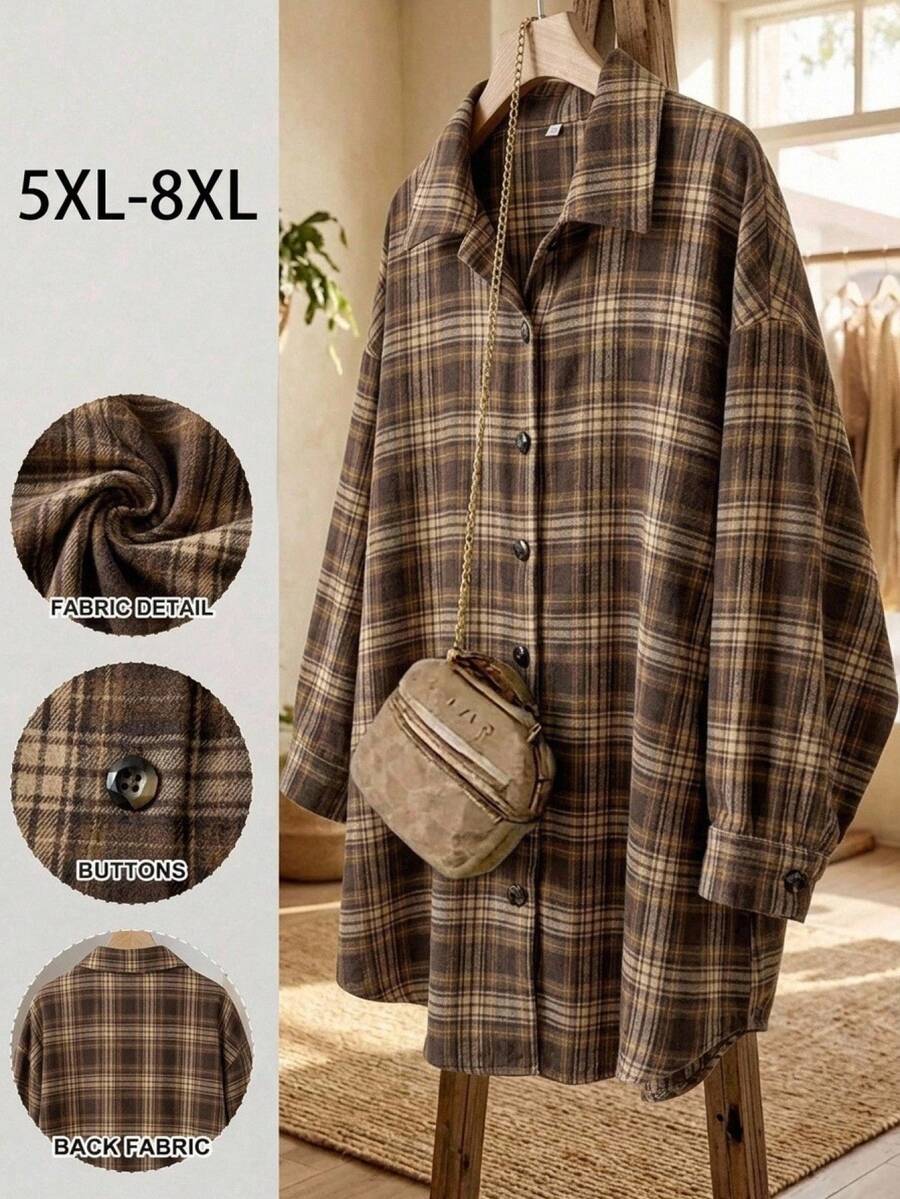 SHEIN CURVE+ 大尺碼女款格紋襯衫，秋季休閒時尚長袖寬鬆舒適上衣 - 棕色 - 查看 1