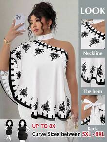 SHEIN CURVE+ قميص مطبوع متعدد الاستخدامات ذو كتف غير متماثل مقاس كبير - متعدد الألوان - مشاهدة 1