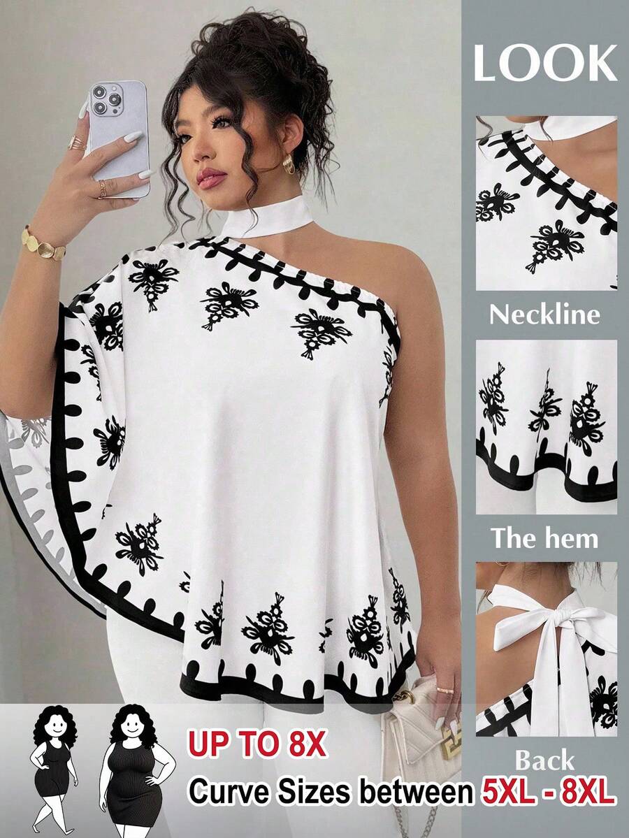SHEIN CURVE+ قميص مطبوع متعدد الاستخدامات ذو كتف غير متماثل مقاس كبير - متعدد الألوان - مشاهدة 1