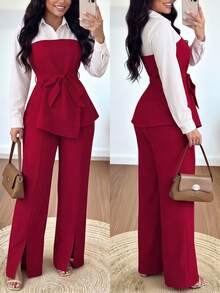 SHEIN LUNE CURVE 大尺碼女款拼色腰部打結長袖上衣與彈性腰長褲休閒日常套裝 - 紅色 - 查看 1