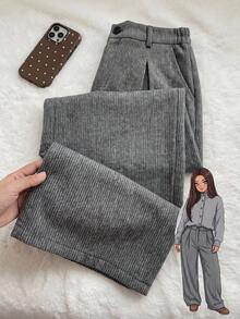 Comfortcana Plus Size Solid Color Button Closure Casual Wide Leg Pants With Belt In Fall/Winter - Black and White - View 1