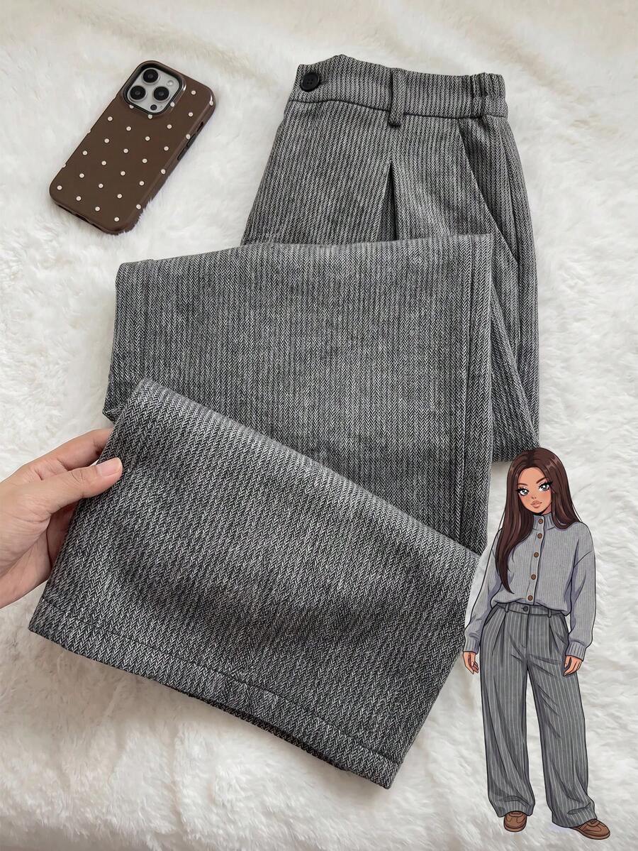Comfortcana Plus Size Solid Color Button Closure Casual Wide Leg Pants With Belt In Fall/Winter - Black and White - View 1