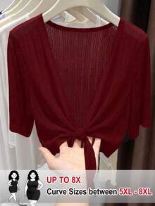 SHEIN CURVE+ 大码女式优雅休闲度假风网眼提花面料系带短袖外套 - 酒紅色 - 查看 1