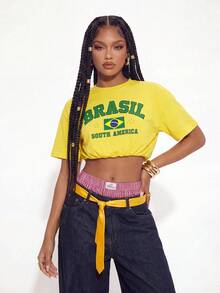 Gowayae Gowayae Women's American Vintage Brazil Letter Print Yellow Ruched Waist Short Sleeve T-Shirt - Yellow - View 6