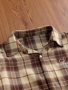 SWAVVY 1pc Super Oversized Cotton Plaid Print Drop Shoulder Shirt - Brown - View 3