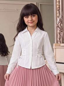 SHEIN 青少年女孩優雅長袖前綁帶白色襯衫，簡約百搭，適合通勤，優雅前綁帶上衣 - 白色 - 查看 14