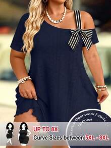 SHEIN CURVE+ Plus Size Women's Textured Hollow Out Stretch Knit Casual Fashion Loose Striped Patchwork Short Sleeve Dress, Bow, Fashion Elegant Commute Work Daily - Navy Blue - View 1