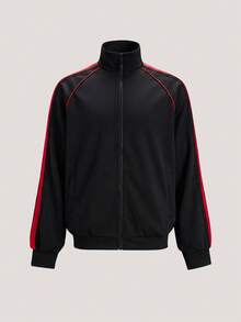 Driftmere Men's Casual Fashionable Loose Fit Jacket With Side Stripe Design, Comfortable Soft Breathable Stand Collar, Spring/Autumn Sport - Black - View 1