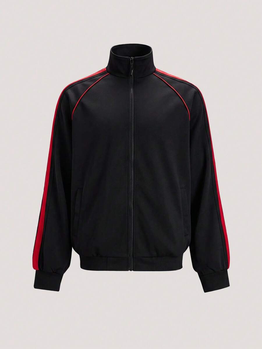 Driftmere Men's Casual Fashionable Loose Fit Jacket With Side Stripe Design, Comfortable Soft Breathable Stand Collar, Spring/Autumn Sport - Black - View 1